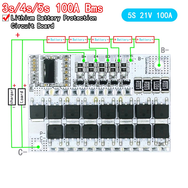 บอร์ดวงจรชาร์จแบตเตอรี่ลิเธียม โพลิเมอร์ 3s 4s 5s Bms 12v 16.8v 21v 3.7v 100a Li-ion Lmo
