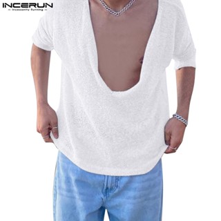 Incerun เสื้อยืด ผ้าถัก สีพื้น สําหรับผู้ชาย