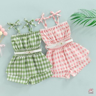 Jop- ชุดจั๊มสูท บอดี้สูท แขนกุด ลายสก๊อต สายรัดสปาเก็ตตี้ เอวสูง วันพีช พร้อมเข็มขัด สําหรับผู้หญิง