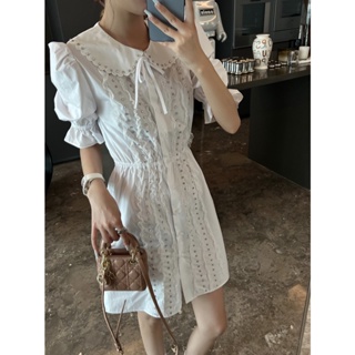 LMZV MIU MIU 23 spring and summer new princess style heavy industry lace nail drill doll collar bubble sleeve elastic waist age-reducing dress