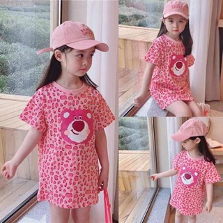 Childrens Cartoon Short-Sleeved Dress 2023 Spring and Summer New Girls Pink Leopard Pattern Bear Mid-Length T-shirt Skirt 6543