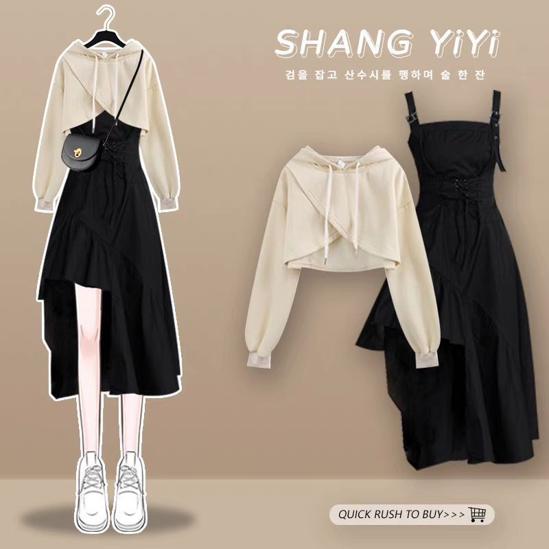 เสื้อฮู้ดครอป+เดรสสายเดี่ยวสีดำ สไตล์วินเทจ แฟชั่นสไตล์เกาหลี(ขายแยกชิ้น)