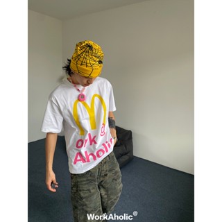 Workaholic: เสื้อยืดแขนสั้นลําลอง ทรงหลวม ลาย Spoof McDonalds สไตล์ฮิปฮอป ยุโรป และอเมริกา สําหรับผู้ชาย และผู้หญิง