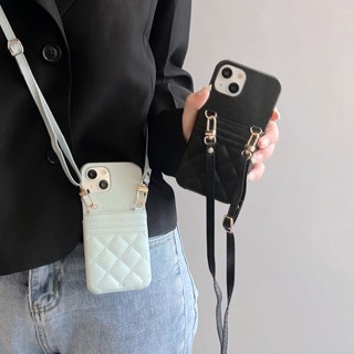 เคสโทรศัพท์มือถือหนัง ลายตาราง พร้อมสายคล้องไหล่ และช่องใส่บัตร หรูหรา สําหรับ iPhone 14 Pro Max 13 12 11