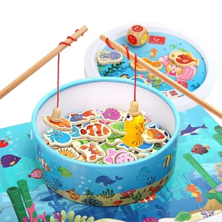 ของเล่นไม้ตกปลาแม่เหล็ก 24 ชิ้น Montessori Ocean สําหรับเด็ก เกมตกปลาสามมิติ ชุดบาร์เรล ของเล่นเด็กผู้ชาย และเด็กผู้หญิง