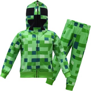 เสื้อกันหนาวแขนยาว แบบสวมหัว และกางเกง สองชิ้น ลาย Minecraft สําหรับเด็ก