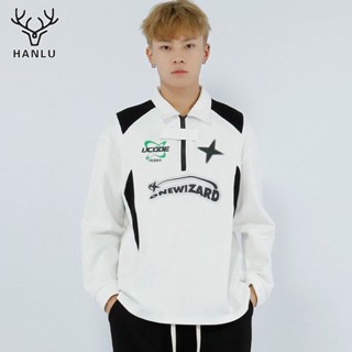 HANLU เสื้อสเวตเตอร์คอปก POLO สไตล์อเมริกันเรโทรไฮสตรีทเรโทรสำหรับผู้ชายและผู้หญิง ท็อปส์ซูคู่รักทรงหลวมและหลากหลายสำหรับผู้ชาย