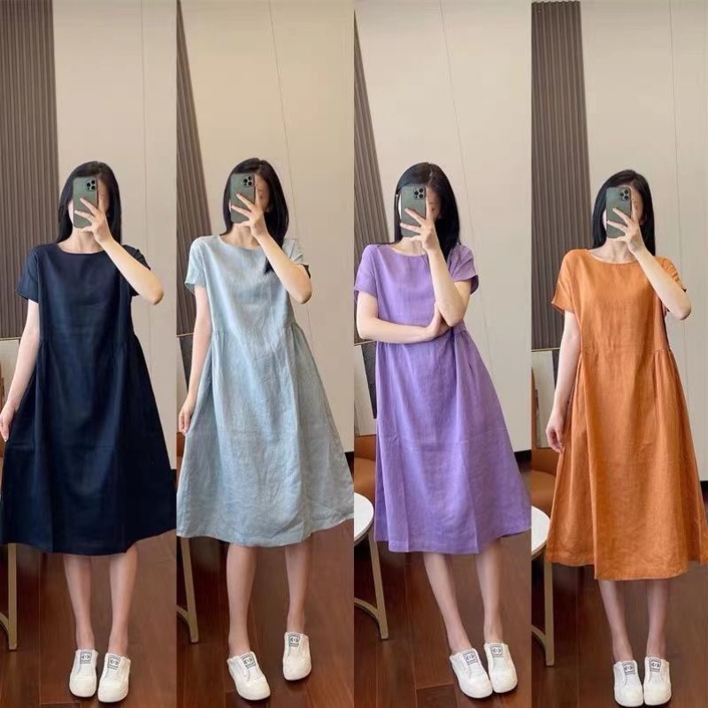 [M-4XL] ชุดเดรสยาว ผ้าฝ้าย ลําลอง ทรงหลวม กระชับสัดส่วน อเนกประสงค์ สําหรับผู้หญิง