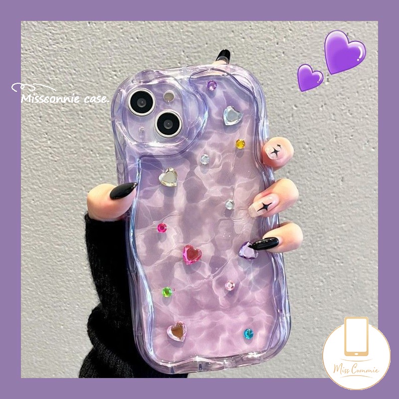 3d Wavy Curved Edge Art Water Ripple สําหรับ iPhone 16 11 XR 13 14 12 Pro Max 7Plus X 8 7 6s 6 Plus XS Max SE Simple Gradient สีม่วงสีชมพูกรณีเพชรสติกเกอร์