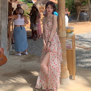 มาแรง | ชุดเดรสกระโปรงยาว สายเดี่ยว ลายดอกไม้ สําหรับสตรี