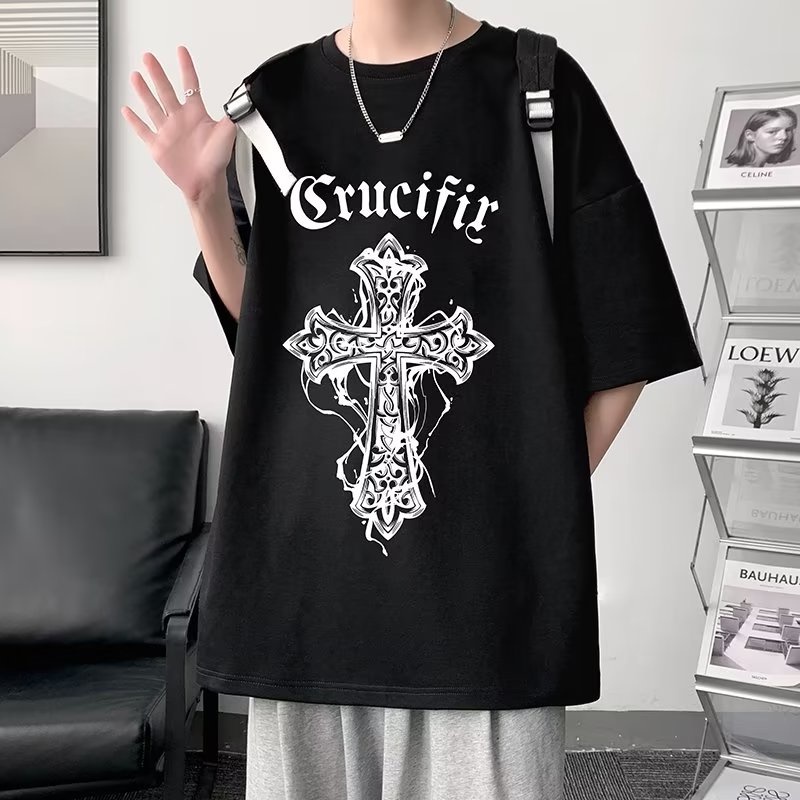 เสื้อยืดลําลอง แขนสั้น คอกลม พิมพ์ลายไม้กางเขน โอเวอร์ไซซ์ สไตล์เรโทร แฟชั่นฤดูร้อน สําหรับผู้ชาย ไซซ์ M - 8XL