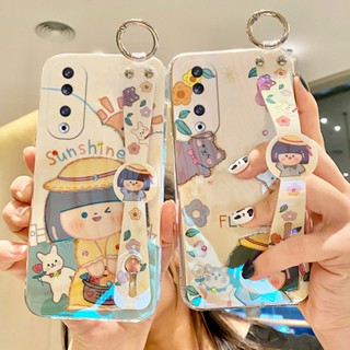 เคสโทรศัพท์มือถือแบบนิ่ม ลายการ์ตูนเด็กผู้หญิง ดวงอาทิตย์ ดอกไม้ ประดับพลอยเทียม พร้อมสายคล้องข้อมือ สําหรับ Honor 90 Pro 5G