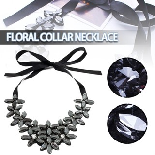 New Lady Flower Ribbon Chain Black Necklace Bib Statement Crystal Collar Jewelry