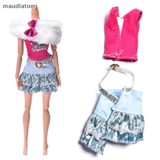 Maud ชุดเสื้อแขนกุด กระโปรง ขนเฟอร์ สีขาว สีชมพู สําหรับตุ๊กตาบาร์บี้ 3 ชิ้น ต่อชุด