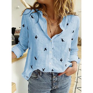 BIRD Print Plus Size เสื้อเชิ้ตแขนยาวลำลอง/เสื้อสตรีสำหรับ Office