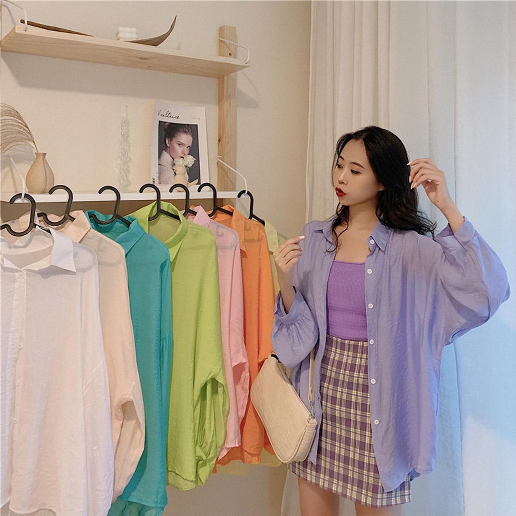 🌻Lune_Grace🌻 W251 เสื้อเชิ้ตแขนยาวผ้าไหมอีตาลี Oversizeสีสดทรงหลวมใส่แบบเท่ห์ๆน่ารัก