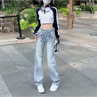 DaDuHey🎈 Korean Style Retro Womens Jeans Straight Loose New High Waist Slim Wide Leg Waist Cross Design Casual Mop Pants