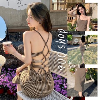 900Shop📌เดรสยาวเข้ารูปลายชิโนริ ผ่าหลัง สายเดี่ยวสายยาวผูกแต่งถึงด้านหลัง