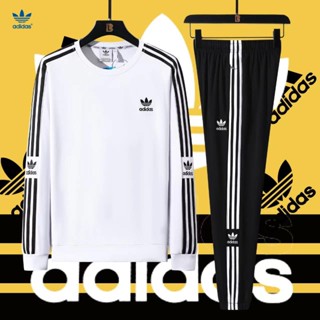 Adidas ของแท้ 100% เสื้อกันหนาว ปักลายโลโก้ และกางเกงวอร์ม สไตล์คลาสสิก สําหรับผู้ชาย