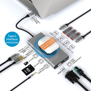 13 In 1 ฮับ USB Type C ไร้สาย USB 3.0 2.0 RJ45 PD USB 3.0 RJ45 Gigabit ที่ชาร์จไร้สาย USB-C