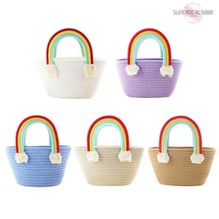 [SuperDeals888.th] กระเป๋าถือ ตะกร้าผ้าถัก ลายก้อนเมฆ สีรุ้ง ขนาดเล็ก สําหรับผู้หญิง AU