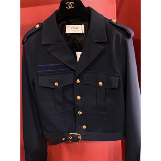 ♥ เช็คสินค้าก่อนสั่ง CELINE CROPPED SAHARIENNE JACKET เสื้อแจ็คเก็ต ผ้าวูล wool สีกราท่า navy แต่งกระดุม ซีลีน เซลีน