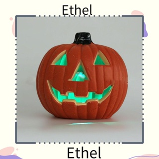 Ethel1 โคมไฟฟักทองฮาโลวีน พร็อพตกแต่ง เรซิน รูปฟักทอง ของขวัญ ของตกแต่งอิเล็กทรอนิกส์ พร้อมไฟ LED สําหรับตกแต่งปาร์ตี้ฮาโลวีน