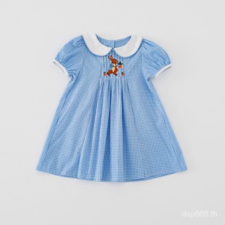 Korean childrens wear Peter Rabbit Cable girls dress 2023 Summer doll collar short sleeve plaid girls dress W20W