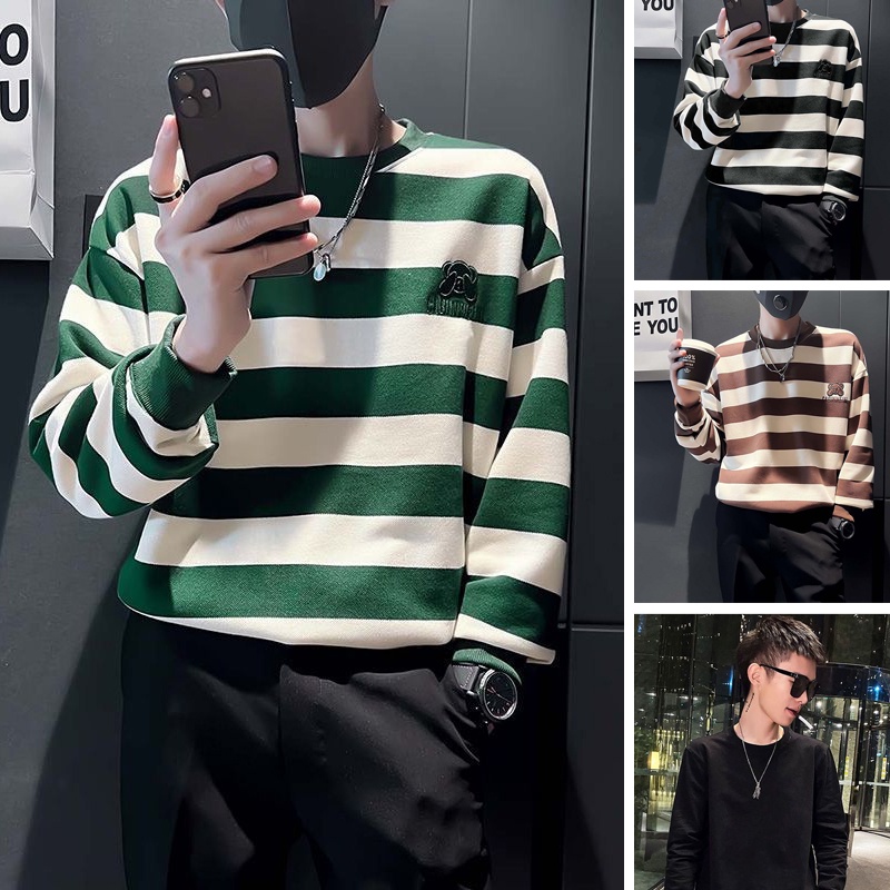 SLC218 เสื้อกันหนาวลําลอง แขนยาว คอกลม ทรงหลวม ลายทาง สไตล์เกาหลี สําหรับผู้ชาย