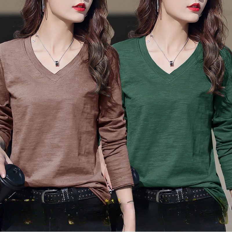 เสื้อยืดแขนยาวหลวม Slub Cotton V คอผู้หญิง Top