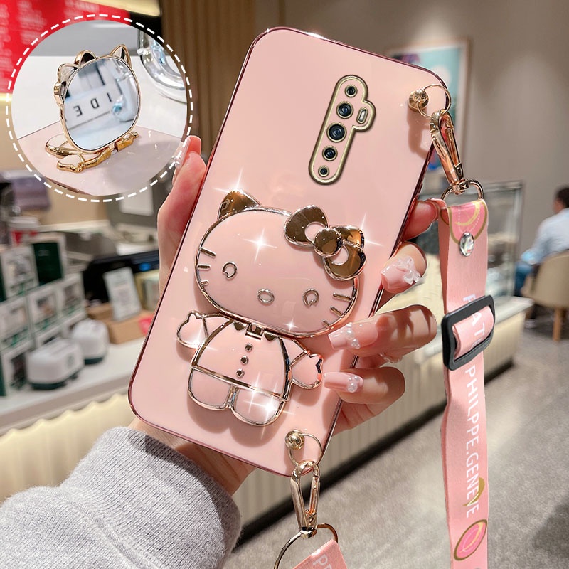 แฟชั่น Hello Kitty Cat เคสโทรศัพท์การ์ตูนพร้อมสายคล้องคอสําหรับ OPPO Reno 2 / Reno 2Z / Reno 2F / Re