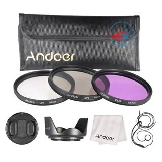 Mif) Andoer ชุดฟิลเตอร์ 55 มม. (UV+CPL+FLD) + กระเป๋าไนล่อน + ฝาปิดเลนส์ + ที่ใส่ฝาปิดเลนส์ + ฮู้ดเลนส์ + ผ้าทําความสะอาดเลนส์