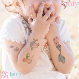 Lanfy สติกเกอร์รอยสักชั่วคราว รูปนางเงือก ปลา ฮิปโป สีสันสดใส สําหรับเด็กผู้หญิง