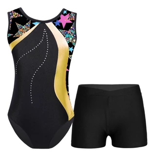 Yeahdor เด็กผู้หญิงแขนกุด Patchwork พิมพ์ Leotard พร้อมกางเกงขาสั้นคาดเอวด้านหน้า V สําหรับเต้นรํายิมนาสติก Stage Performance
