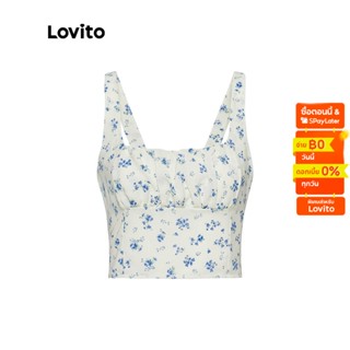 Lovito เสื้อครอปท็อปลําลอง คอสี่เหลี่ยม ลายดอกไม้ L29ED003 (สีขาวออฟไวท์)