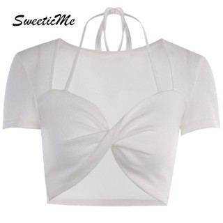 Sweeticme ใหม่ เสื้อยืดลําลอง แขนสั้น สีพื้น เข้ารูป เซ็กซี่ เข้ากับทุกการแต่งกาย แฟชั่นสําหรับสตรี 2023