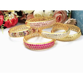 JJISHOP1   K107 กำไลข้อมือนพเก้าพลอยเรียงสามแถวฝังเพชร งานละเอียดทุกจุด เหมือนแท้
