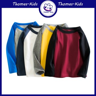 [THOMAS Kids]1-9 ปี เสื้อยืดแขนยาวสำหรับเด็ก Spring Neck Neck Splice Bottom Shirt ผ้าฝ้ายแท้ด้านในสำหรับเด็กชายเสื้อยืดขายส่ง