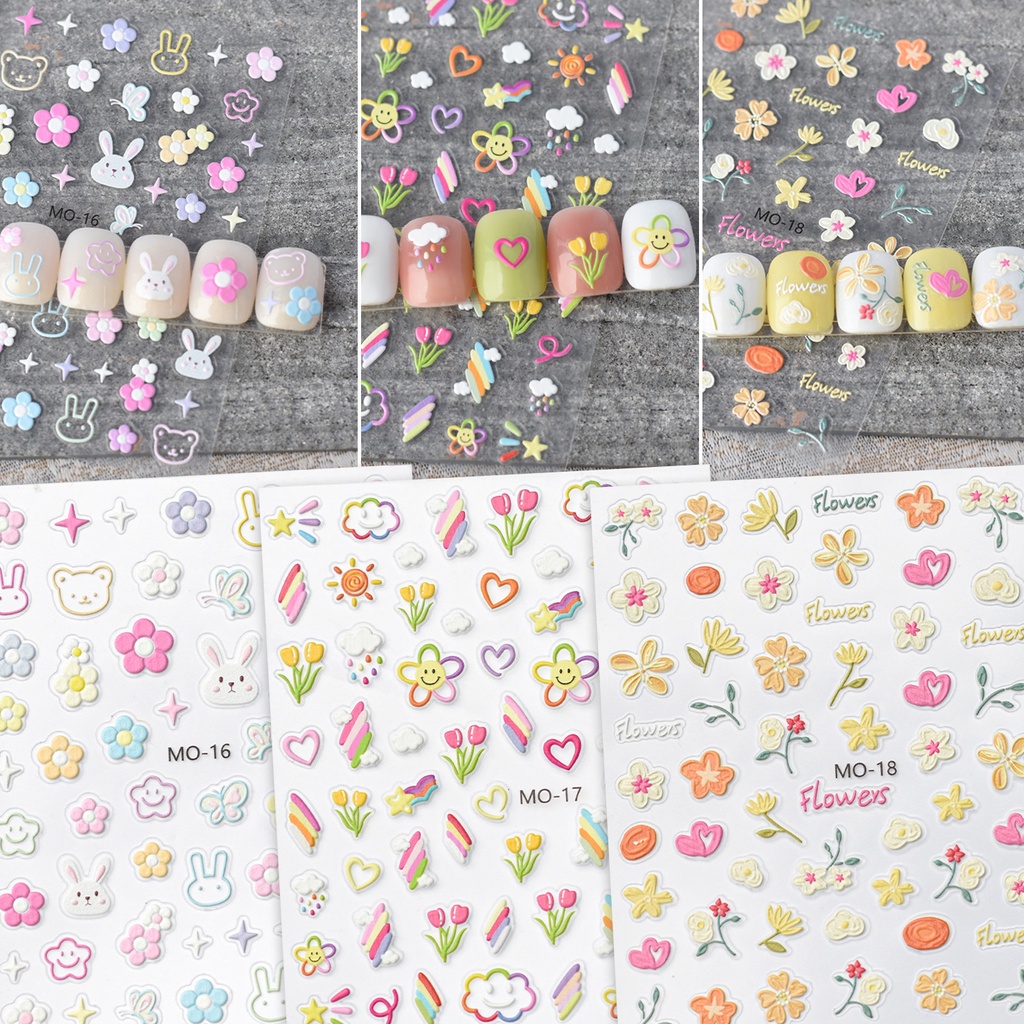 สติกเกอร์ติดเล็บ ลายดอกทิวลิป 5D สีรุ้ง กระต่ายน้อยน่ารัก ดอกไม้ ดาว แสงดาว แบบนูน