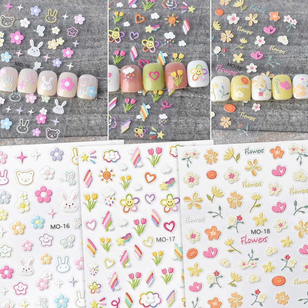 สติกเกอร์ติดเล็บ ลายดอกทิวลิป 5D สีรุ้ง กระต่ายน้อยน่ารัก ดอกไม้ ดาว แสงดาว แบบนูน