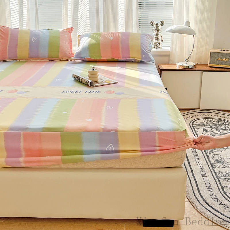 ผ้าปูที่นอนลายสายรุ้ง สไตล์พาสเทล ลายดอกไม้เล็ก เวอร์ชั่นเกาหลี เข้ารูปพอดีตัว ไม่ระคายผิว ระบายอากาศได้ดี 3 ฟุต 3.5 ฟุต 5 ฟุต 6 ฟุต