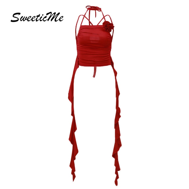 Sweeticme เสื้อกล้ามลําลอง เปิดหลังเซ็กซี่ ลายดอกไม้ สีพื้น แฟชั่นสําหรับสตรี 2023
