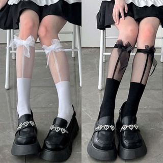 Transparent Spliced Calf Socks Japanese JK Knee Socks Sweet Bow Lolita Mid Tube Socks Children Cute College Girls Slim Socks