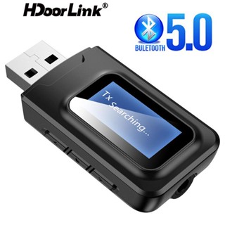 Hdoorlink 2 In 1 อะแดปเตอร์รับสัญญาณเสียงบลูทูธ 5.0 ไร้สาย หน้าจอ LCD 3.5 มม. AUX USB สําหรับ TV รถยนต์ PC หูฟัง ไมโครโฟน