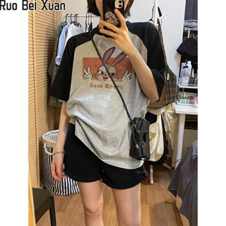 RUO BEI XUAN เสื้อยืดสตรีเกาหลีฤดูร้อนใหม่สีจับคู่ Raglan แขนผู้หญิงแขนสั้นด้านบน