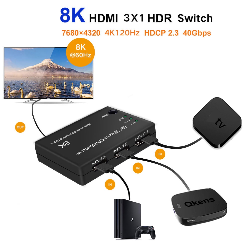 3 in 1 ฮับสวิตช์แปลงเสียงวิดีโอ 8K 60Hz HDMI 3x1 HDR 2.1 4K 120Hz พร้อมรีโมต IR สําหรับ Xbox Laptop PC PS4 PS5 เป็น TV Monitor