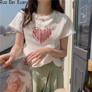 RUO BEI XUAN ใหม่ของผู้หญิงแขนสั้นพิมพ์เสื้อยืดผ้าฝ้ายแท้หลวมสบาย ๆ ด้านบน