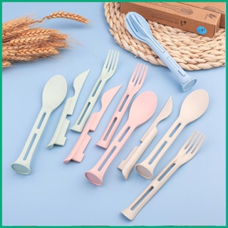 Wheat Straw Utensils Camping Cutlery Portable Knife Fork Spoons Tableware 3-in-1 Combination Cutlery for Kids Students Travel