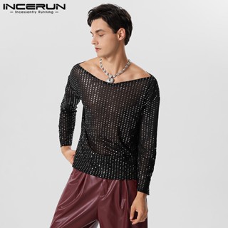 Incerun เสื้อยืด แขนยาว ผ้าตาข่าย