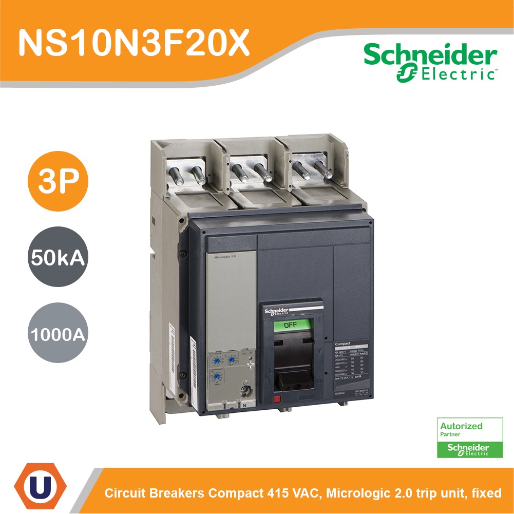 Schneider Electric NS10N3F20X Circuit breaker,ComPact NS1000N,50kA/415VAC, Micrologic 2.0 trip unit,